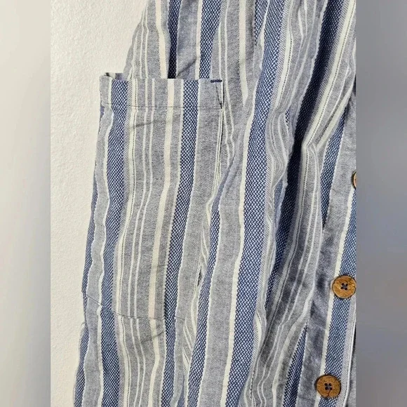 Roxy Blue White Stripe Tie Front Button Front Mini Dress Pockets Size M NWT‎